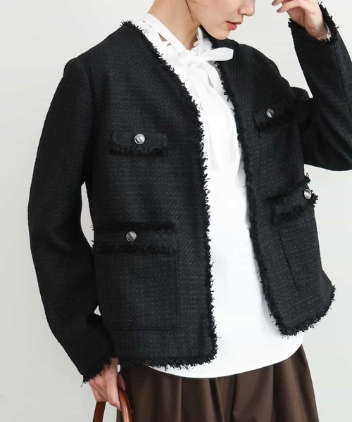 MK MICHEL KLEIN（エムケーミッシェルクラン）の「[洗える]Vネックファンシーツイードジャケット（ノーカラージャケット・レディース・ライトブルー/ブラック・38）」の4枚目の写真
