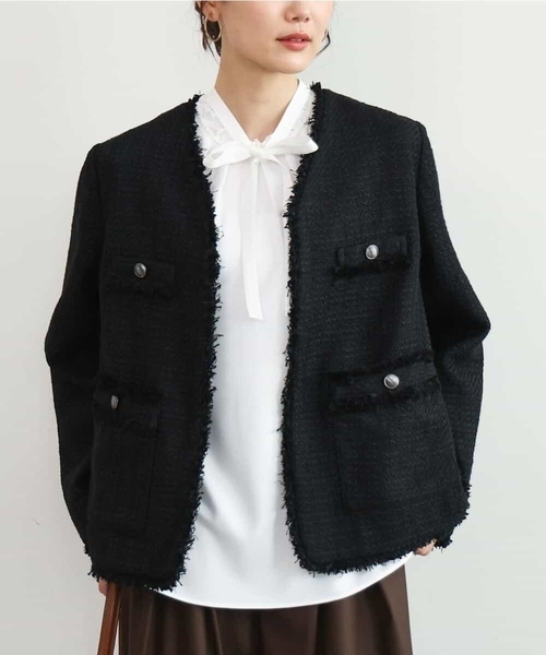 MK MICHEL KLEIN（エムケーミッシェルクラン）の「[洗える]Vネックファンシーツイードジャケット（ノーカラージャケット・レディース・ライトブルー/ブラック・38）」の5枚目の写真