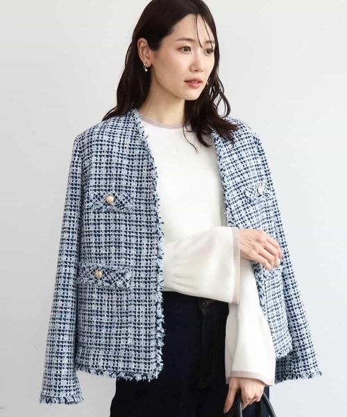 MK MICHEL KLEIN（エムケーミッシェルクラン）の「[洗える]Vネックファンシーツイードジャケット（ノーカラージャケット・レディース・ライトブルー/ブラック・38）」の9枚目の写真