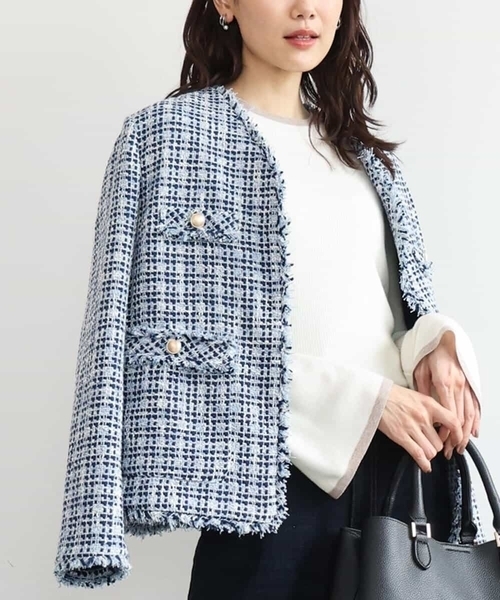 MK MICHEL KLEIN（エムケーミッシェルクラン）の「[洗える]Vネックファンシーツイードジャケット（ノーカラージャケット・レディース・ライトブルー/ブラック・38）」の11枚目の写真