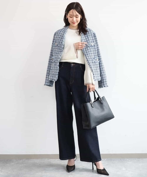 MK MICHEL KLEIN（エムケーミッシェルクラン）の「[洗える]Vネックファンシーツイードジャケット（ノーカラージャケット・レディース・ライトブルー/ブラック・38）」の13枚目の写真
