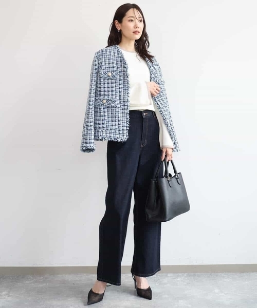 MK MICHEL KLEIN（エムケーミッシェルクラン）の「[洗える]Vネックファンシーツイードジャケット（ノーカラージャケット・レディース・ライトブルー/ブラック・38）」の14枚目の写真