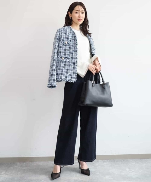 MK MICHEL KLEIN（エムケーミッシェルクラン）の「[洗える]Vネックファンシーツイードジャケット（ノーカラージャケット・レディース・ライトブルー/ブラック・38）」の15枚目の写真