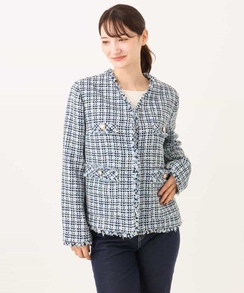 MK MICHEL KLEIN（エムケーミッシェルクラン）の「[洗える]Vネックファンシーツイードジャケット（ノーカラージャケット・レディース・ライトブルー/ブラック・38）」の16枚目の写真