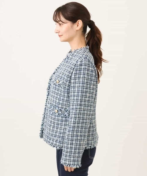 MK MICHEL KLEIN（エムケーミッシェルクラン）の「[洗える]Vネックファンシーツイードジャケット（ノーカラージャケット・レディース・ライトブルー/ブラック・38）」の17枚目の写真