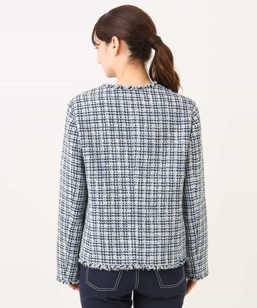 MK MICHEL KLEIN（エムケーミッシェルクラン）の「[洗える]Vネックファンシーツイードジャケット（ノーカラージャケット・レディース・ライトブルー/ブラック・38）」の18枚目の写真