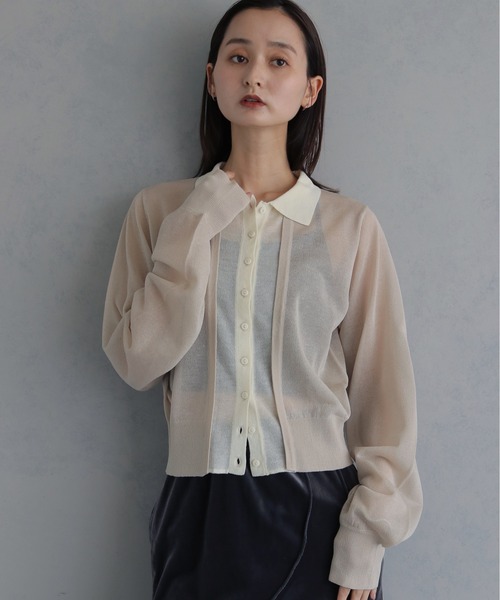 &g'aime(アンジェム)の「【&g'aime 】バイカラーシアーカーデ Bicolor Sheer Cardigan(カーディガン/ボレロ・レディース・グレイッシュベージュ/チャコールグレー/ブラック・FREE)」の1枚目の写真