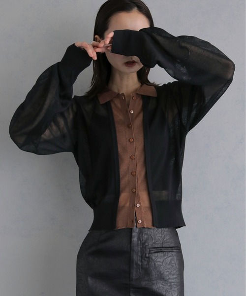 &g'aime(アンジェム)の「【&g'aime 】バイカラーシアーカーデ Bicolor Sheer Cardigan(カーディガン/ボレロ・レディース・グレイッシュベージュ/チャコールグレー/ブラック・FREE)」の5枚目の写真