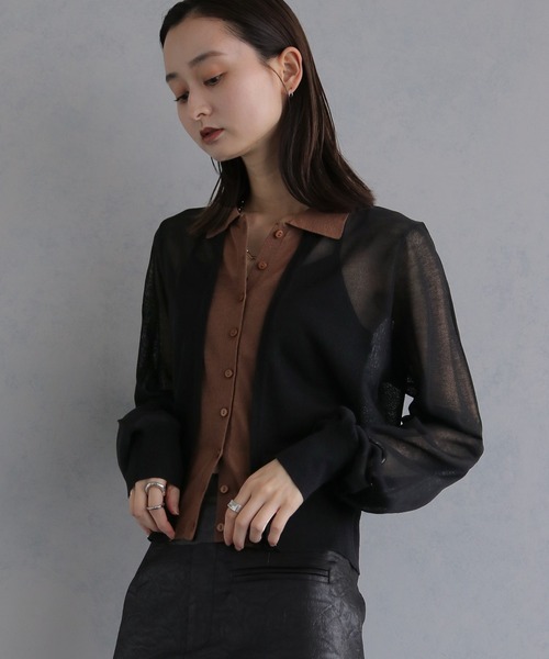 &g'aime(アンジェム)の「【&g'aime 】バイカラーシアーカーデ Bicolor Sheer Cardigan(カーディガン/ボレロ・レディース・グレイッシュベージュ/チャコールグレー/ブラック・FREE)」の7枚目の写真