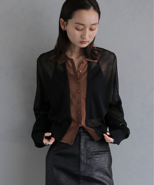 &g'aime(アンジェム)の「【&g'aime 】バイカラーシアーカーデ Bicolor Sheer Cardigan(カーディガン/ボレロ・レディース・グレイッシュベージュ/チャコールグレー/ブラック・FREE)」の6枚目の写真