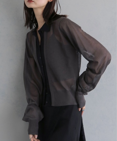 &g'aime(アンジェム)の「【&g'aime 】バイカラーシアーカーデ Bicolor Sheer Cardigan(カーディガン/ボレロ・レディース・グレイッシュベージュ/チャコールグレー/ブラック・FREE)」の16枚目の写真