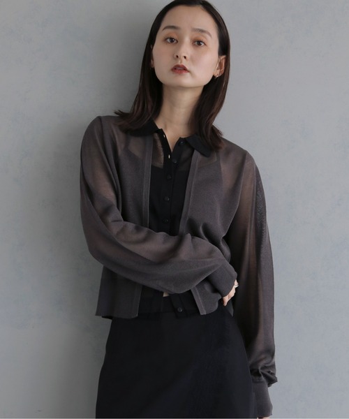&g'aime(アンジェム)の「【&g'aime 】バイカラーシアーカーデ Bicolor Sheer Cardigan(カーディガン/ボレロ・レディース・グレイッシュベージュ/チャコールグレー/ブラック・FREE)」の12枚目の写真