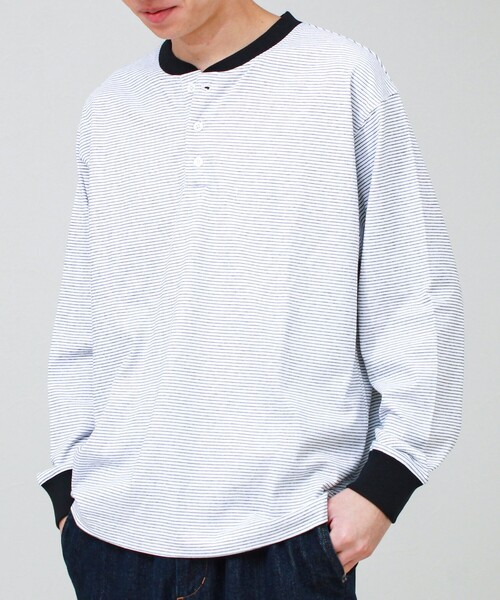 GLOSTER(グロスター)の「【多機能】Functionボーダー ヘンリーネックロンT(Tシャツ/カットソー・メンズ・グレー系その他/ホワイト系その他/ブラック系その他・S/M/L)」の1枚目の写真