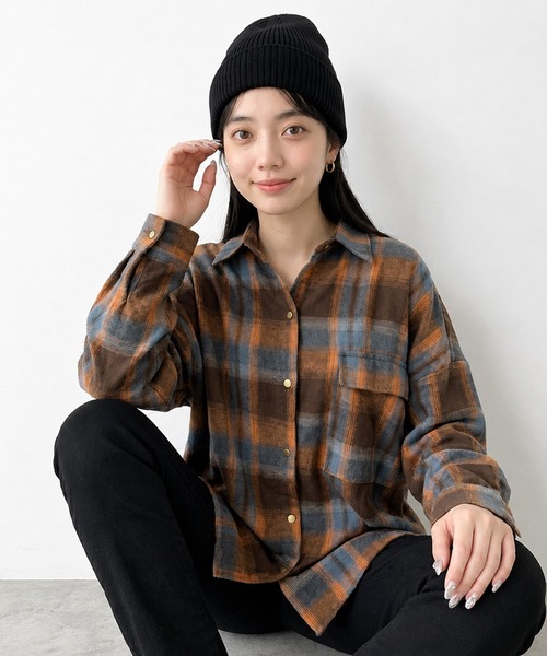 CRB(シーアールビー)の「チェックビッグシャツ(シャツ/ブラウス・レディース・ブルー/グリーン/オレンジ・F)」の3枚目の写真