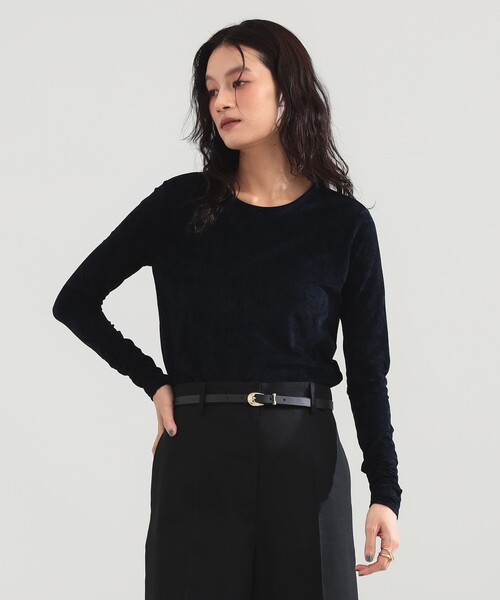 Demi-Luxe BEAMS(デミルクス ビームス)の「トリアセテート クルーネック ベロア Tシャツ(Tシャツ/カットソー・レディース・ネイビー/オリーブ・ONE SIZE)」の1枚目の写真