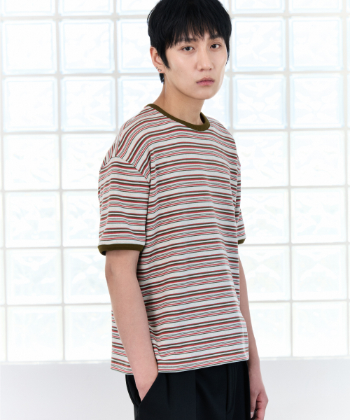 PIARI(ピアリ)の「マルチストライプリンガーTシャツ(オリーブ)(Tシャツ/カットソー・メンズ・その他・SMALL/MEDIUM/LARGE/X-LARGE)」の1枚目の写真