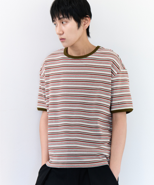 PIARI(ピアリ)の「マルチストライプリンガーTシャツ(オリーブ)(Tシャツ/カットソー・メンズ・その他・SMALL/MEDIUM/LARGE/X-LARGE)」の3枚目の写真