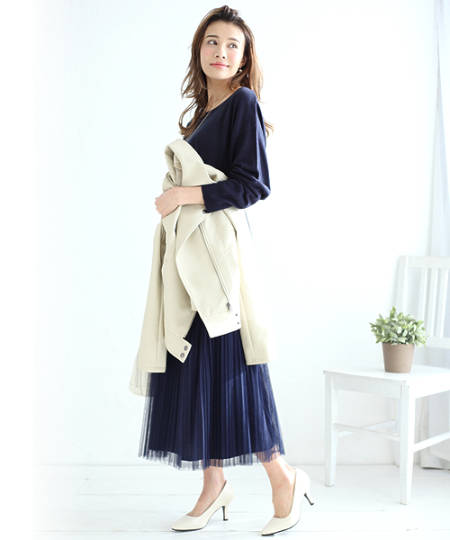 Re:EDIT（リエディ）の「[Re:EDIT/リエディ]＜2016 SS春新作＞[リエディオリジナル]ロング丈プリーツチュールスカート（スカート・レディース・ベージュ/ネイビー/ホワイト/ブラック/グレー・MEDIUM）」の5枚目の写真