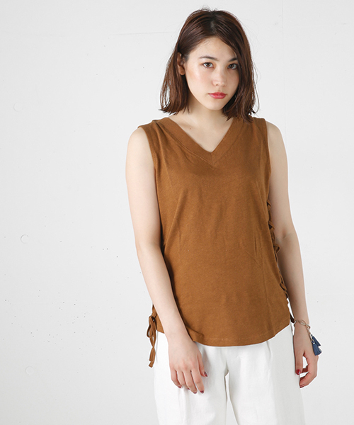 MOUSSY（マウジー）の「LINEN SPINDLE TOPS J（タンクトップ・レディース・ホワイト/ブラウン/ネイビー・FREE）」の2枚目の写真