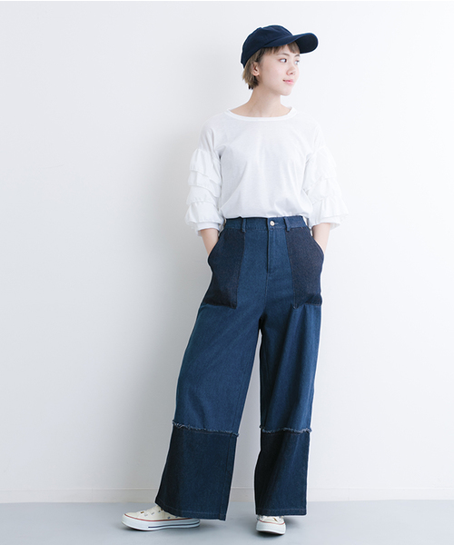 MERLOT（メルロー）の「フリンジ切替ワイドデニム2185N（デニムパンツ・レディース・ライトブルー/ブルー・FREE）」の4枚目の写真