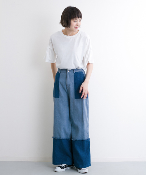 MERLOT（メルロー）の「フリンジ切替ワイドデニム2185N（デニムパンツ・レディース・ライトブルー/ブルー・FREE）」の6枚目の写真