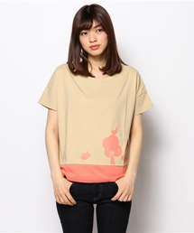 木と鳥とネコプリントちび袖Tシャツ