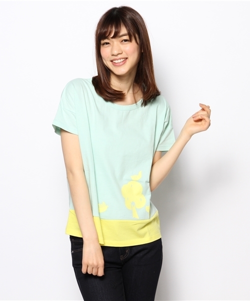 POU DOU DOU（プードゥドゥ）の「木と鳥とネコプリントちび袖Tシャツ（Tシャツ/カットソー・レディース・トップグレー/ベージュ/ミント/ネイビー・F）」の3枚目の写真