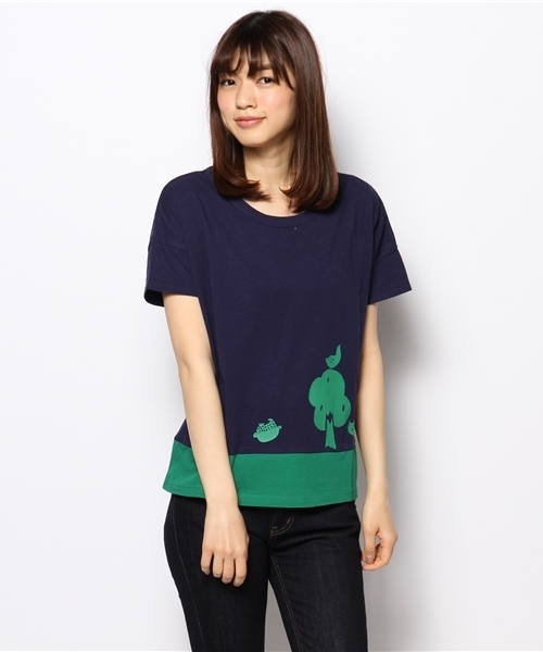 POU DOU DOU（プードゥドゥ）の「木と鳥とネコプリントちび袖Tシャツ（Tシャツ/カットソー・レディース・トップグレー/ベージュ/ミント/ネイビー・F）」の12枚目の写真