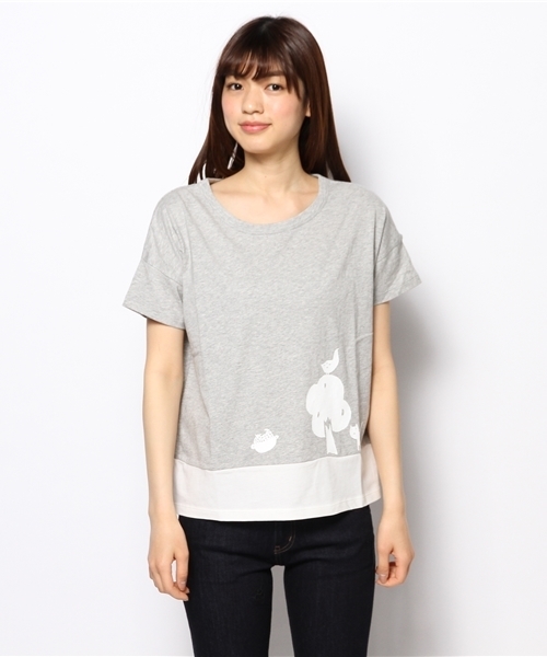 POU DOU DOU（プードゥドゥ）の「木と鳥とネコプリントちび袖Tシャツ（Tシャツ/カットソー・レディース・トップグレー/ベージュ/ミント/ネイビー・F）」の9枚目の写真