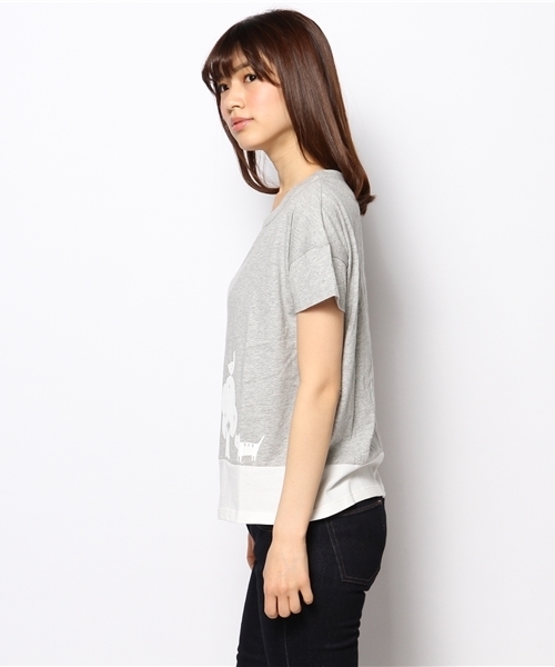 POU DOU DOU（プードゥドゥ）の「木と鳥とネコプリントちび袖Tシャツ（Tシャツ/カットソー・レディース・トップグレー/ベージュ/ミント/ネイビー・F）」の10枚目の写真