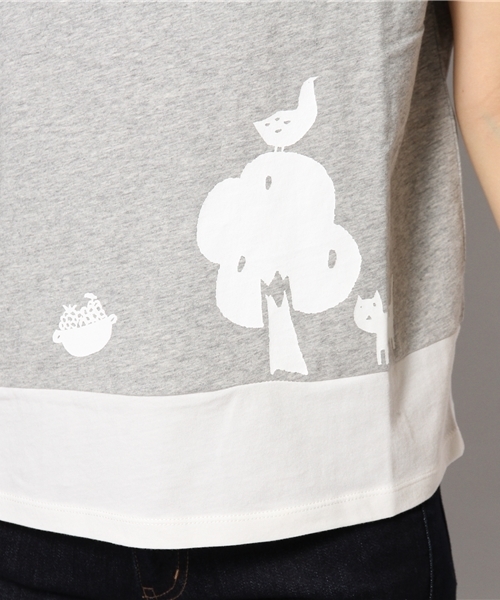POU DOU DOU（プードゥドゥ）の「木と鳥とネコプリントちび袖Tシャツ（Tシャツ/カットソー・レディース・トップグレー/ベージュ/ミント/ネイビー・F）」の7枚目の写真