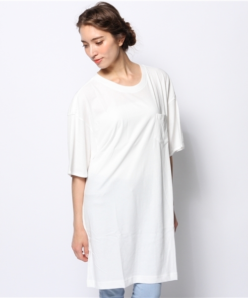 CIAOPANIC（チャオパニック）の「【Ciaopanic】32/-弱強撚天竺ビッグポケTee（ワンピース・レディース・グレー/ネイビー/ブルー/ホワイト・FREE）」の2枚目の写真