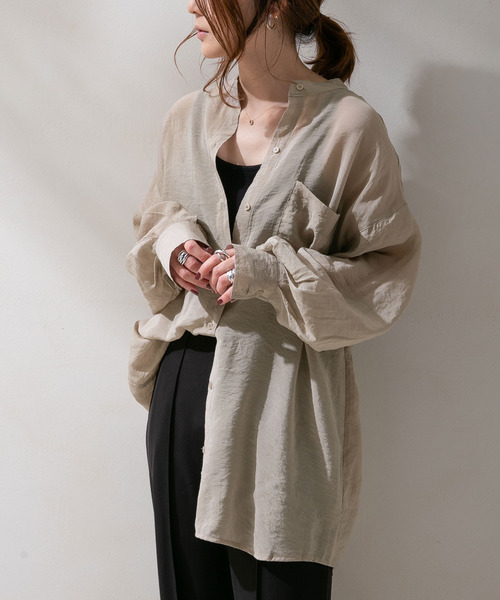 rectangle（レクタングル）の「バンドカラーシアーシャツ（シャツ/ブラウス・レディース・オフホワイト/サンドベージュ/ベージュ/グリーン/ブラック・FREE）」の3枚目の写真