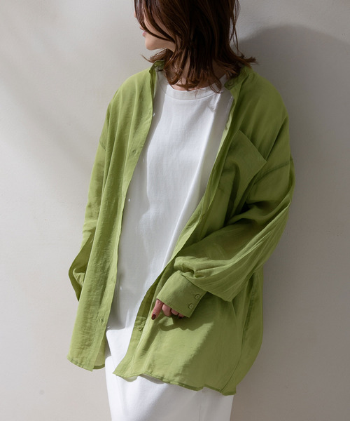 rectangle（レクタングル）の「バンドカラーシアーシャツ（シャツ/ブラウス・レディース・オフホワイト/サンドベージュ/ベージュ/グリーン/ブラック・FREE）」の5枚目の写真