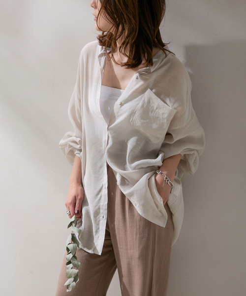 rectangle（レクタングル）の「バンドカラーシアーシャツ（シャツ/ブラウス・レディース・オフホワイト/サンドベージュ/ベージュ/グリーン/ブラック・FREE）」の4枚目の写真