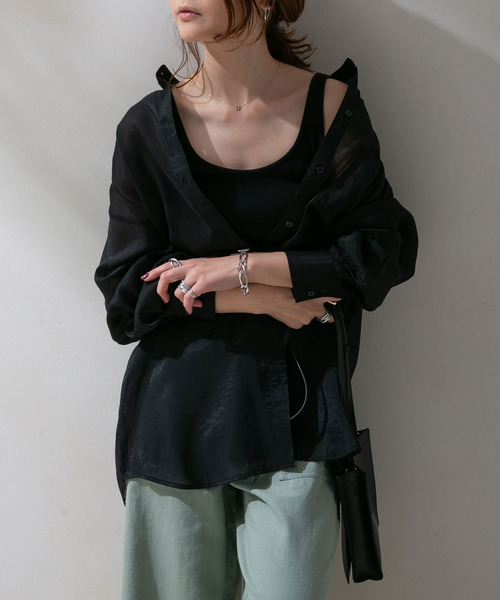 rectangle（レクタングル）の「バンドカラーシアーシャツ（シャツ/ブラウス・レディース・オフホワイト/サンドベージュ/ベージュ/グリーン/ブラック・FREE）」の2枚目の写真