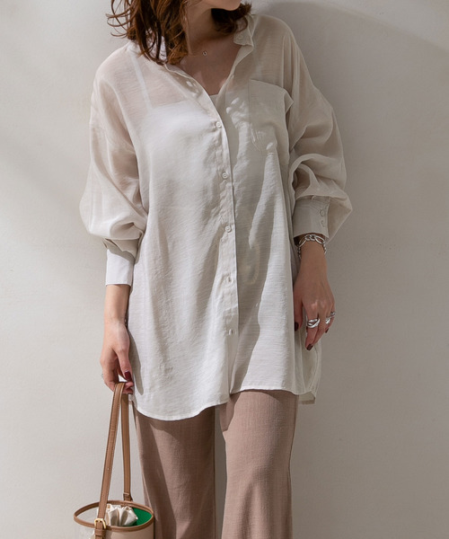 rectangle（レクタングル）の「バンドカラーシアーシャツ（シャツ/ブラウス・レディース・オフホワイト/サンドベージュ/ベージュ/グリーン/ブラック・FREE）」の9枚目の写真