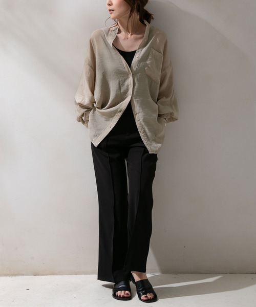 rectangle（レクタングル）の「バンドカラーシアーシャツ（シャツ/ブラウス・レディース・オフホワイト/サンドベージュ/ベージュ/グリーン/ブラック・FREE）」の10枚目の写真