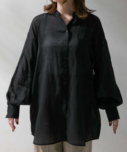 rectangle（レクタングル）の「バンドカラーシアーシャツ（シャツ/ブラウス・レディース・オフホワイト/サンドベージュ/ベージュ/グリーン/ブラック・FREE）」の15枚目の写真