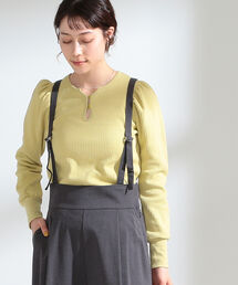 Ray BEAMS | Ray BEAMS / メッシュリブ ヘンリーネック パフスリーブ Tシャツ(Tシャツ/カットソー)