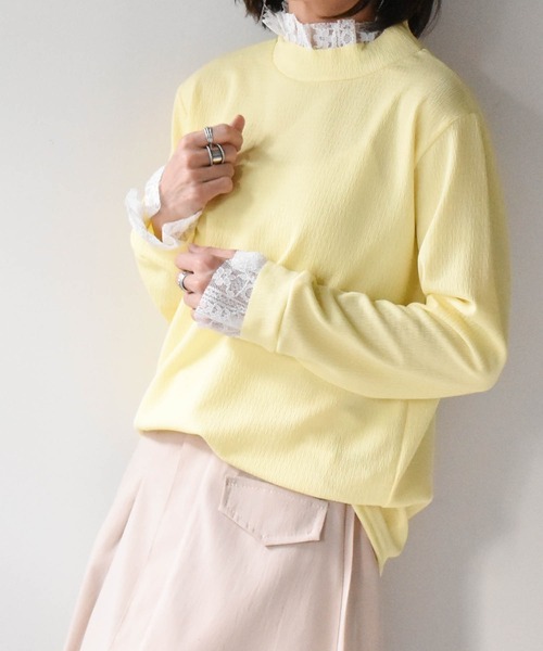 muure(ミュール)の「レーストップスレイヤード風ニットソー(Tシャツ/カットソー・レディース・パープル/ネイビー/ピンク/イエロー・FREE)」の1枚目の写真