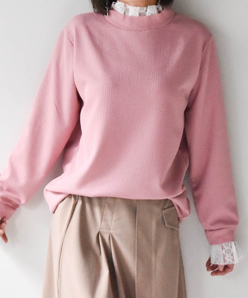 muure(ミュール)の「レーストップスレイヤード風ニットソー(Tシャツ/カットソー・レディース・パープル/ネイビー/ピンク/イエロー・FREE)」の7枚目の写真