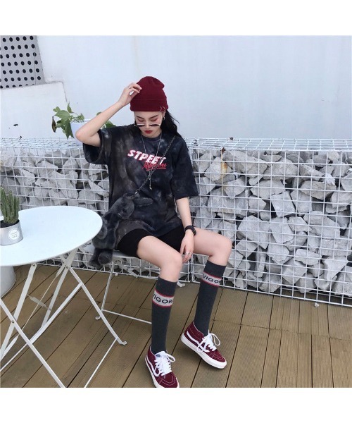 DEVICE（デバイス）の「パステルカラー タイダイ柄 韓国 ストリート y2k 古着風 ビッグシルエット プリント 半袖 Tシャツ（Tシャツ/カットソー・レディース・ピンク系その他/ブラック・FREE）」の11枚目の写真