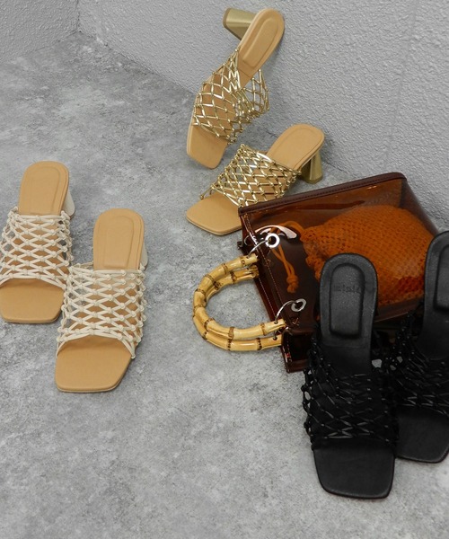 minia（ミニア）の「フィッシュネットミュール/ヒールサンダル　□（サンダル・レディース・ブラック/ゴールド/アイボリー・S/M/L/LL）」の4枚目の写真