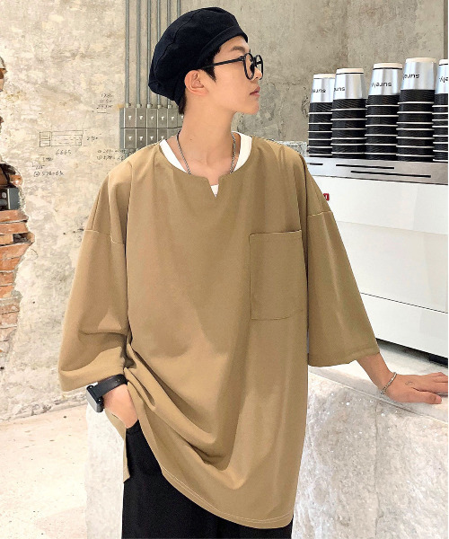 neos（ネオス）の「【neos -addictive design-】ルーズシルエット キーネック Tシャツ タンクトップ アンサンブル（Tシャツ/カットソー・メンズ・ホワイト/ブラウン/グレイッシュベージュ/ベージュ・MEDIUM/LARGE）」の3枚目の写真