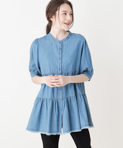 Cutie Blonde（キューティーブロンド）の「◆【S-L】デニムティアードチュニックブラウス（シャツ/ブラウス・レディース・サックスブルー/ブラック/ネイビー・03/02/01）」の3枚目の写真