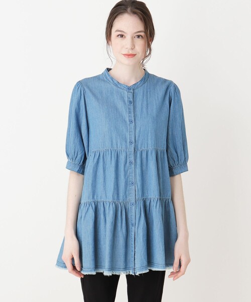 Cutie Blonde（キューティーブロンド）の「◆【S-L】デニムティアードチュニックブラウス（シャツ/ブラウス・レディース・サックスブルー/ブラック/ネイビー・03/02/01）」の4枚目の写真