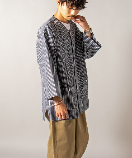 GLOSTER(グロスター)の「【GLOSTER/グロスター】ノーカラーキューバシャツ 7分袖(シャツ/ブラウス・メンズ・ブラック系その他/ブルー系その他・MEDIUM/LARGE)」の1枚目の写真