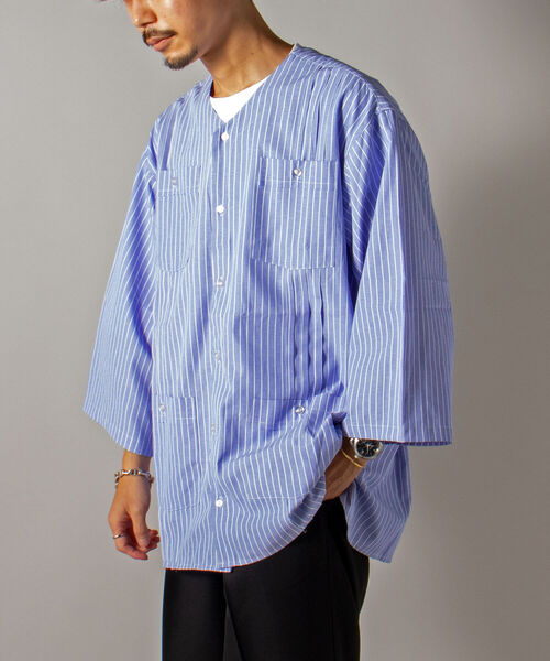 GLOSTER(グロスター)の「【GLOSTER/グロスター】ノーカラーキューバシャツ 7分袖(シャツ/ブラウス・メンズ・ブラック系その他/ブルー系その他・MEDIUM/LARGE)」の2枚目の写真