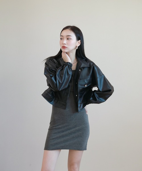 by muni:r（バイ ムニール）の「おしゃれの完成 クロップ コーティング ジャケット（ライダースジャケット・レディース・ブラック/ブラウン・FREE）」の7枚目の写真